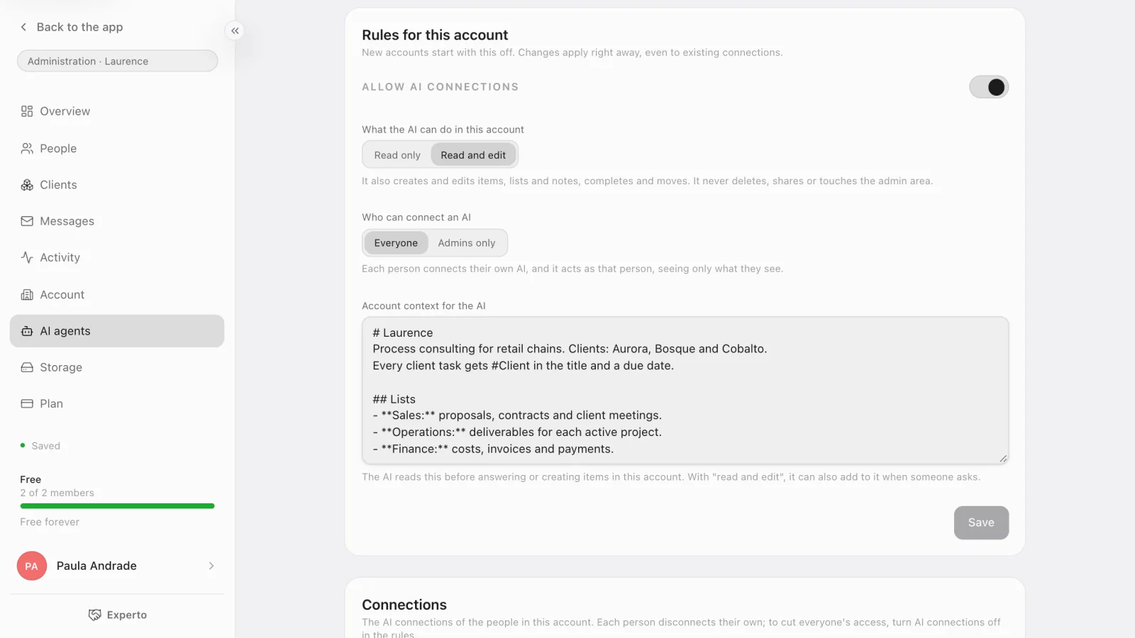 The Administration › AI agents page, with AI connections on, Read and edit selected and the account context filled in