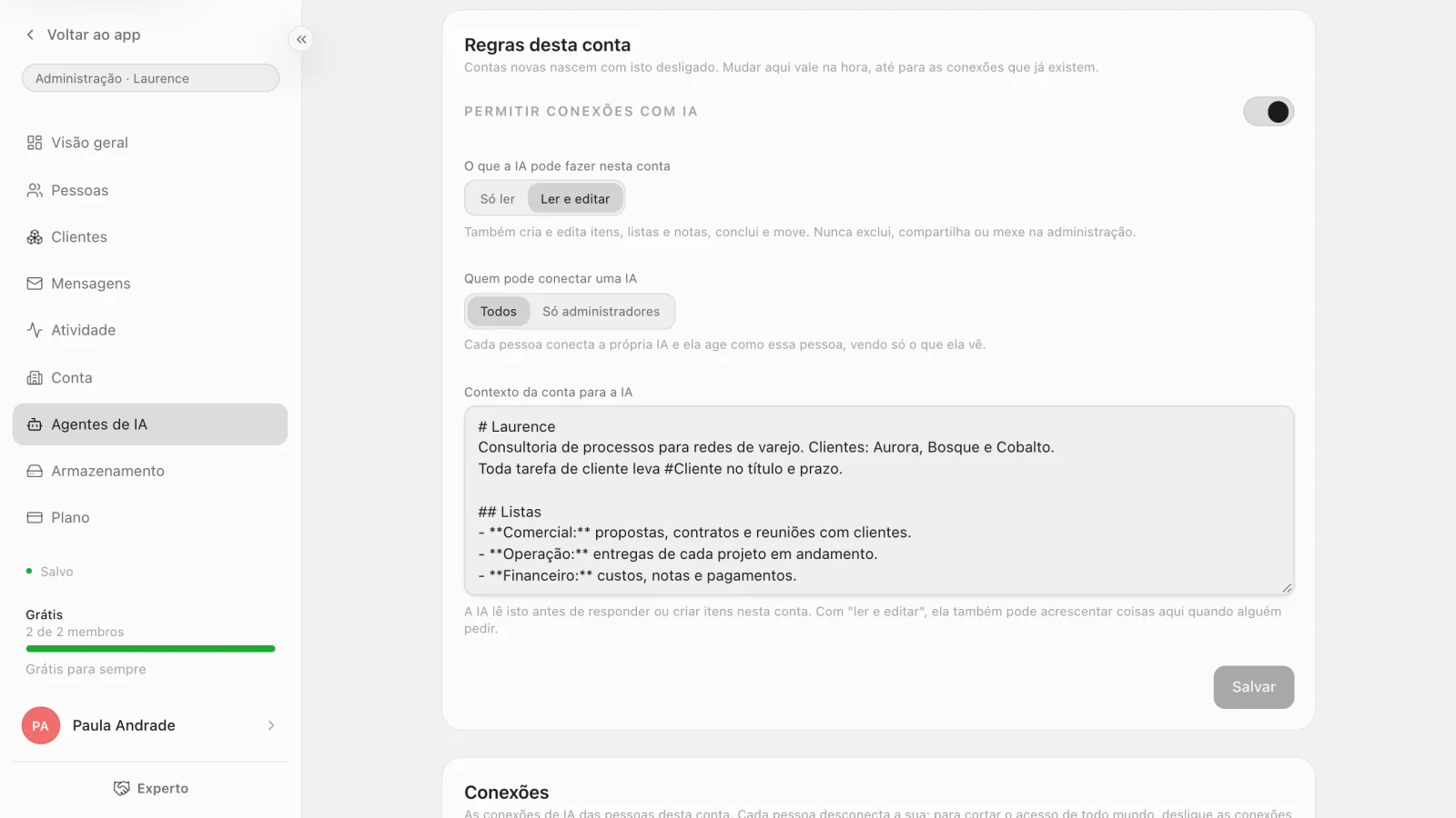 A tela Administração › Agentes de IA, com as conexões com IA ligadas, a opção Ler e editar e o contexto da conta preenchido