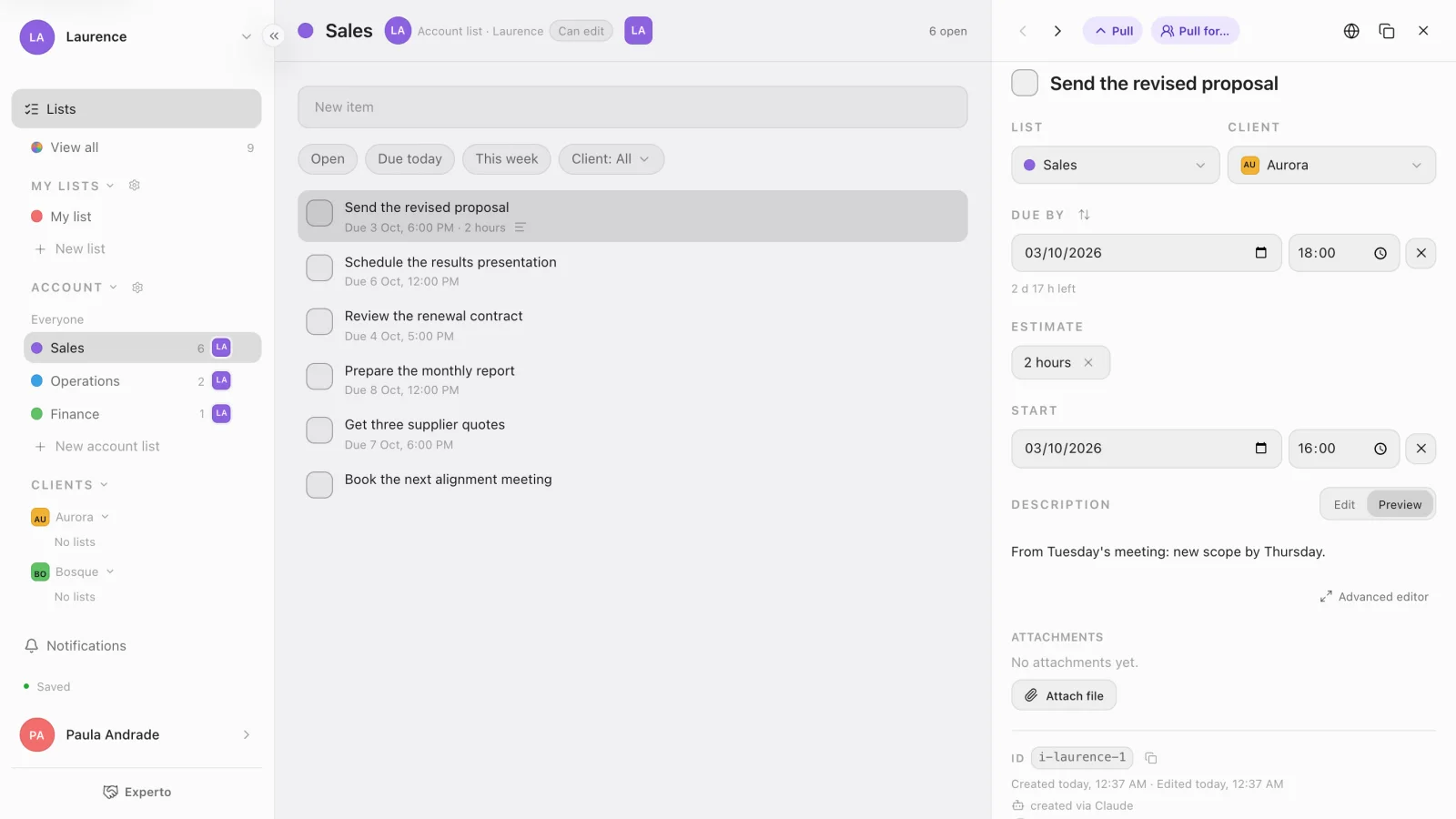 An Experto list with the tasks created from the meeting and one of them open, with due date, client and the created via Claude label