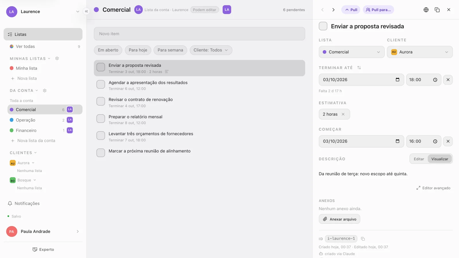 Uma lista do Experto com as tarefas criadas a partir da reunião e uma delas aberta, com prazo, cliente e a marca criado via Claude