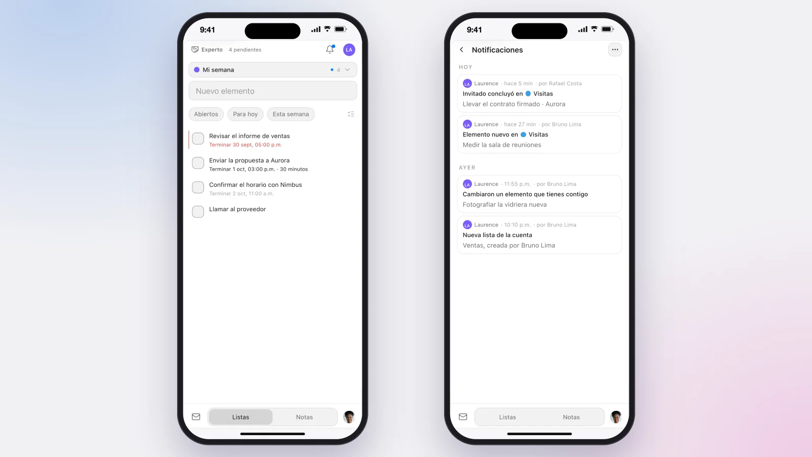 La app de Experto en el iPhone: la lista Mi semana con la navegación abajo y la pantalla de notificaciones