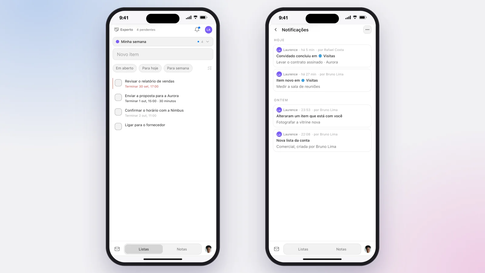 O app do Experto no iPhone: a lista Minha semana com a navegação embaixo e a tela de notificações