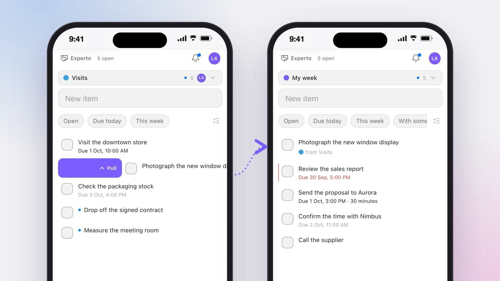 On the left, the row swiping right with Pull; on the right, the task at the top of the My week list, tagged with its original list