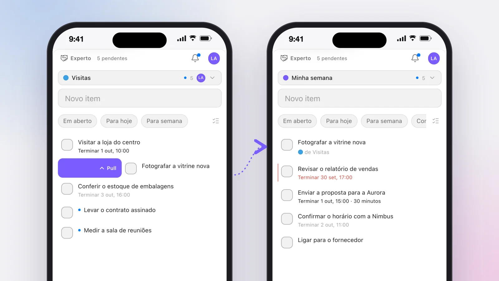 À esquerda, a linha deslizando para a direita com o Pull; à direita, a tarefa no topo da lista Minha semana, com a etiqueta da lista de origem
