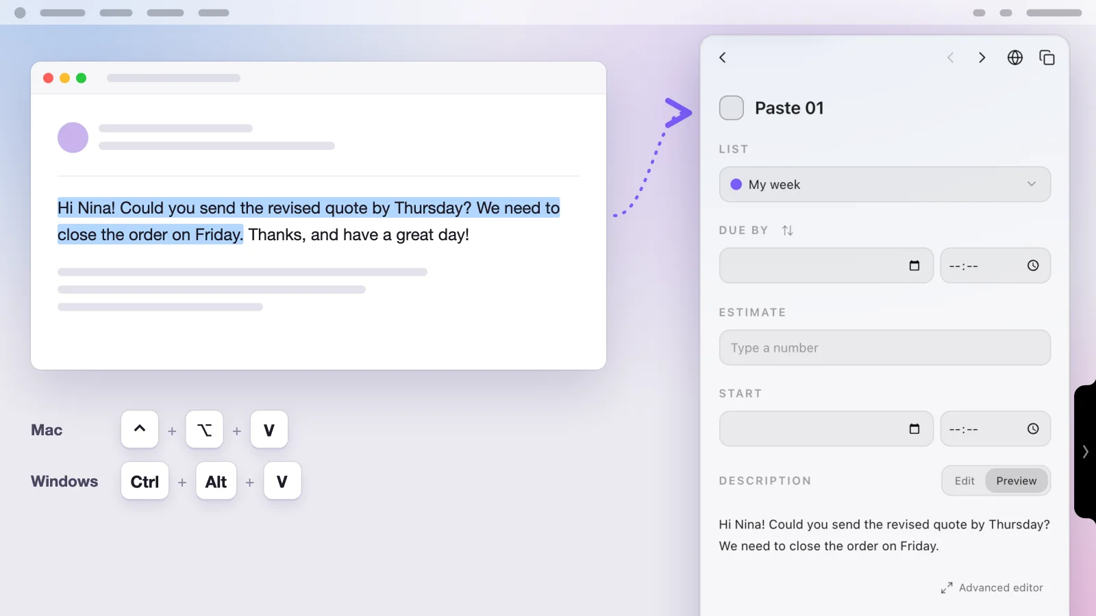 An email excerpt selected, the Mac and Windows shortcuts and the Paste 01 item open in the panel, with the copied text in the description