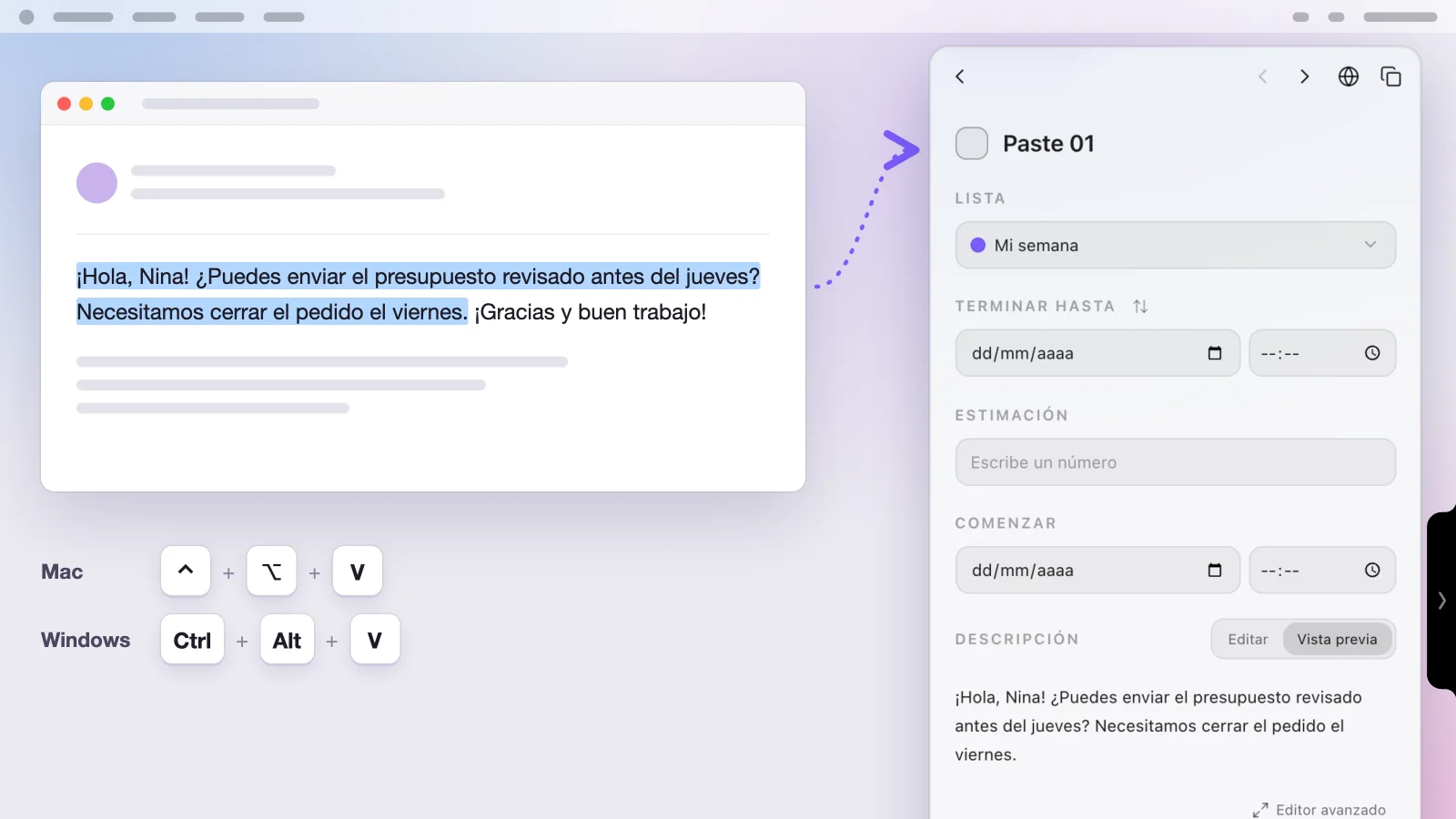 Un fragmento de correo seleccionado, los atajos de Mac y Windows y el elemento Paste 01 abierto en el panel, con el texto copiado en la descripción