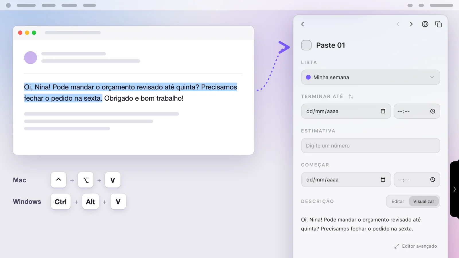 Um trecho de e-mail selecionado, os atalhos do Mac e do Windows e o item Paste 01 aberto no painel, com o texto copiado na descrição
