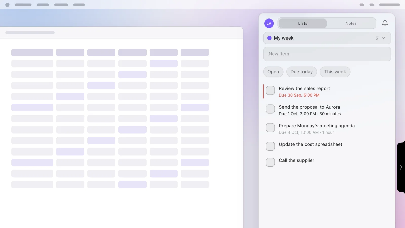 The Experto panel open on the right edge of the screen, over a spreadsheet, with the My week list and an overdue task in red
