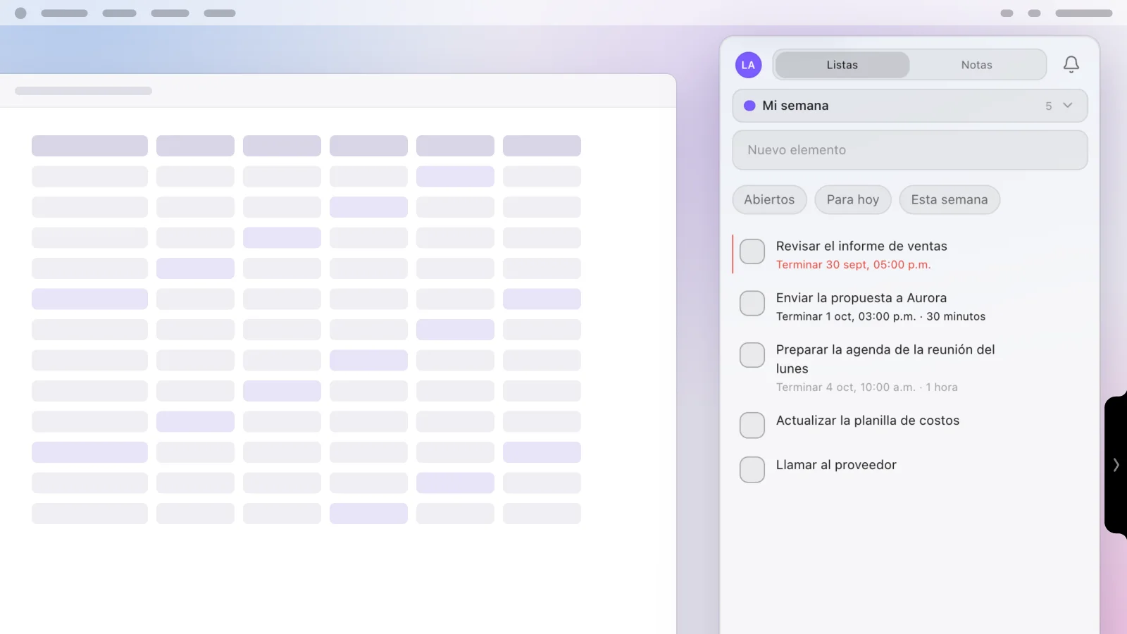 El panel de Experto abierto en el borde derecho de la pantalla, sobre una planilla, con la lista Mi semana y una tarea atrasada en rojo