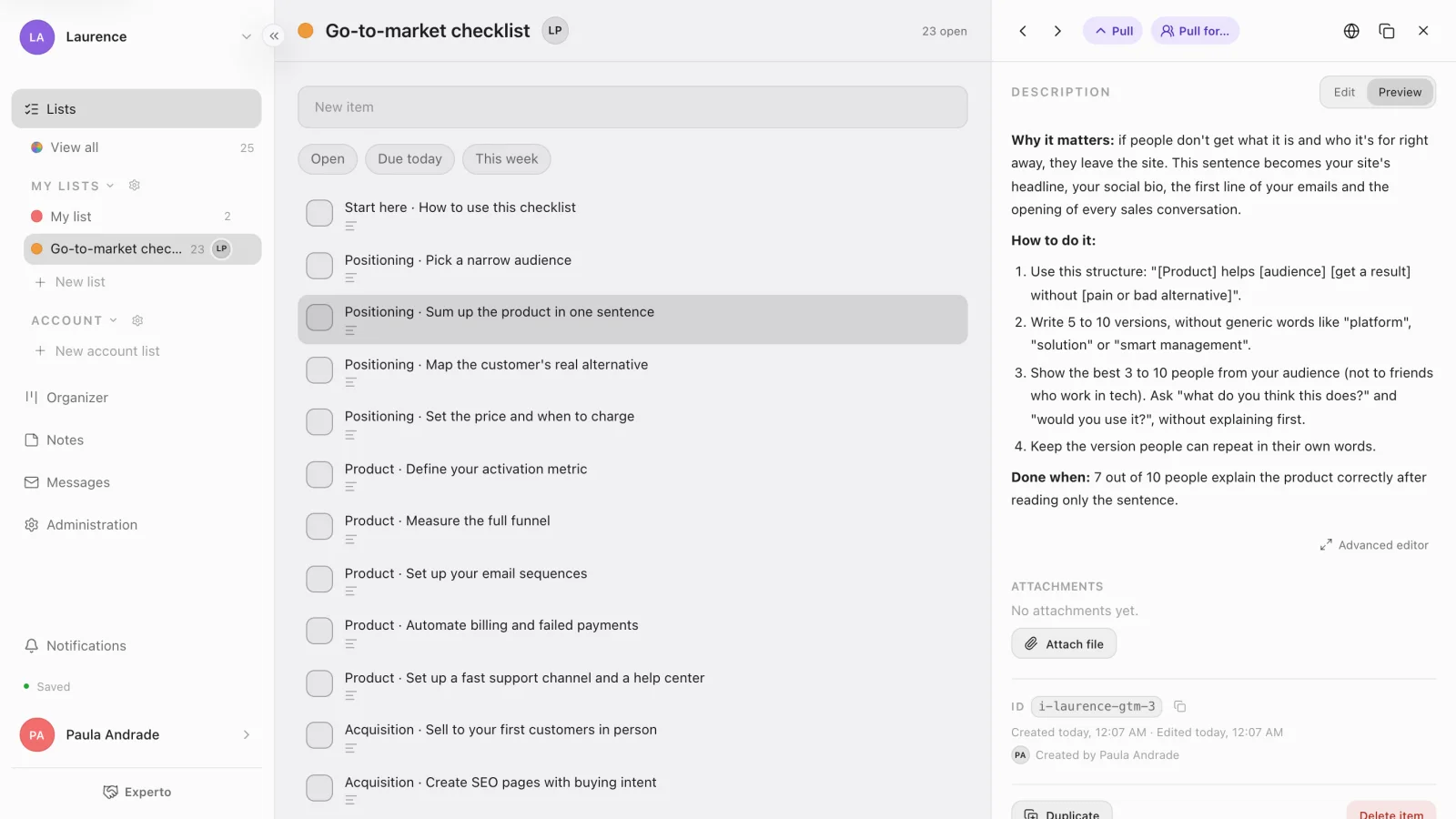 The go-to-market checklist imported into Experto, with the item Positioning · Sum up the product in one sentence open