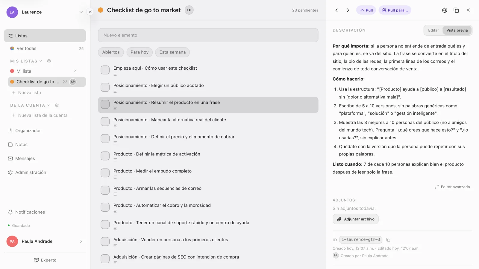 El checklist de go to market importado en Experto, con el ítem Posicionamiento · Resumir el producto en una frase abierto