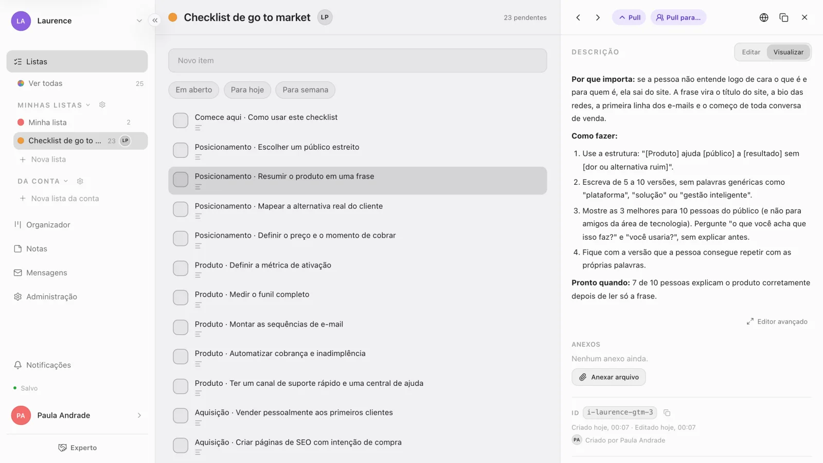 O checklist de go to market importado no Experto, com o item Posicionamento · Resumir o produto em uma frase aberto