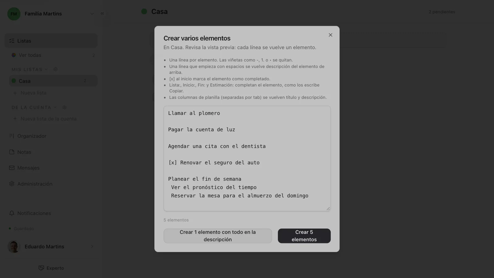 La ventana Crear varios elementos con los cinco elementos del ejemplo, listos para crear