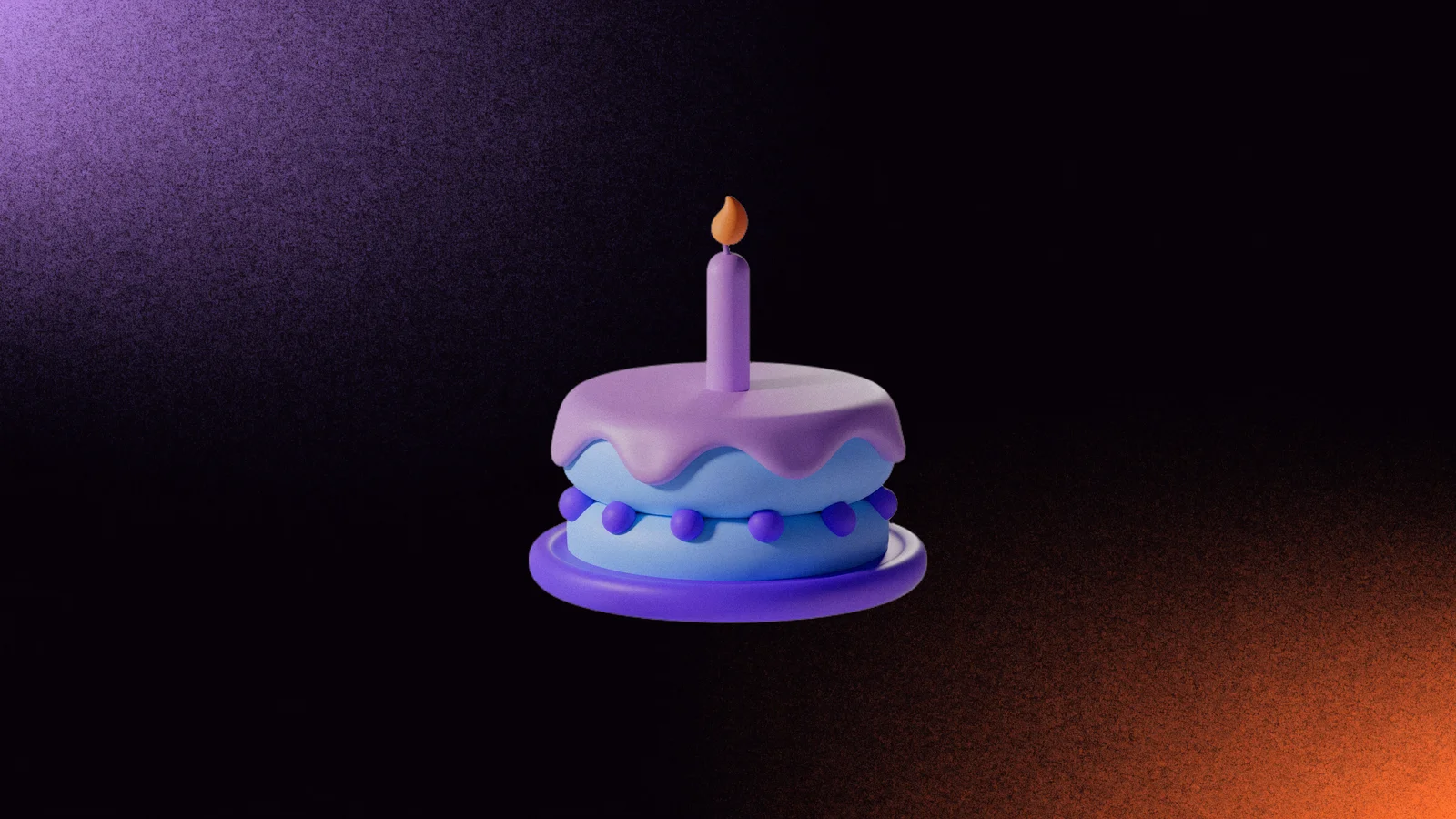 Pastel de cumpleaños de arcilla con una sola vela encendida de llama naranja, sobre fondo oscuro