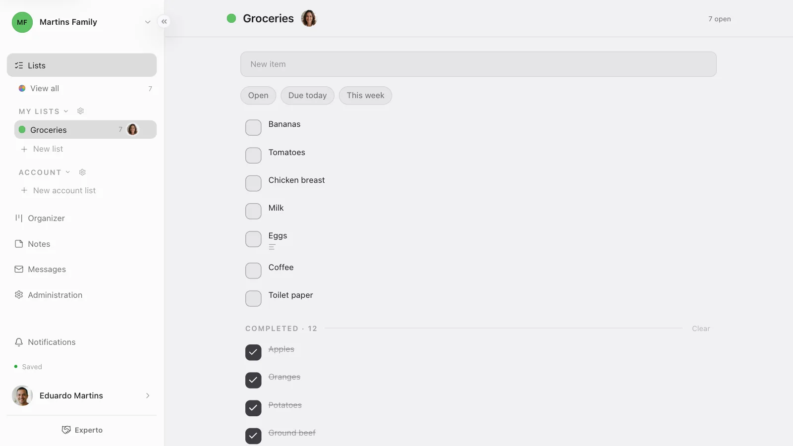 The Groceries list shared with Marina: seven open items and the rest in Completed