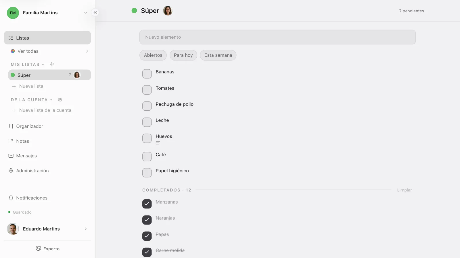 La lista Súper compartida con Marina: siete elementos abiertos y el resto en Completados