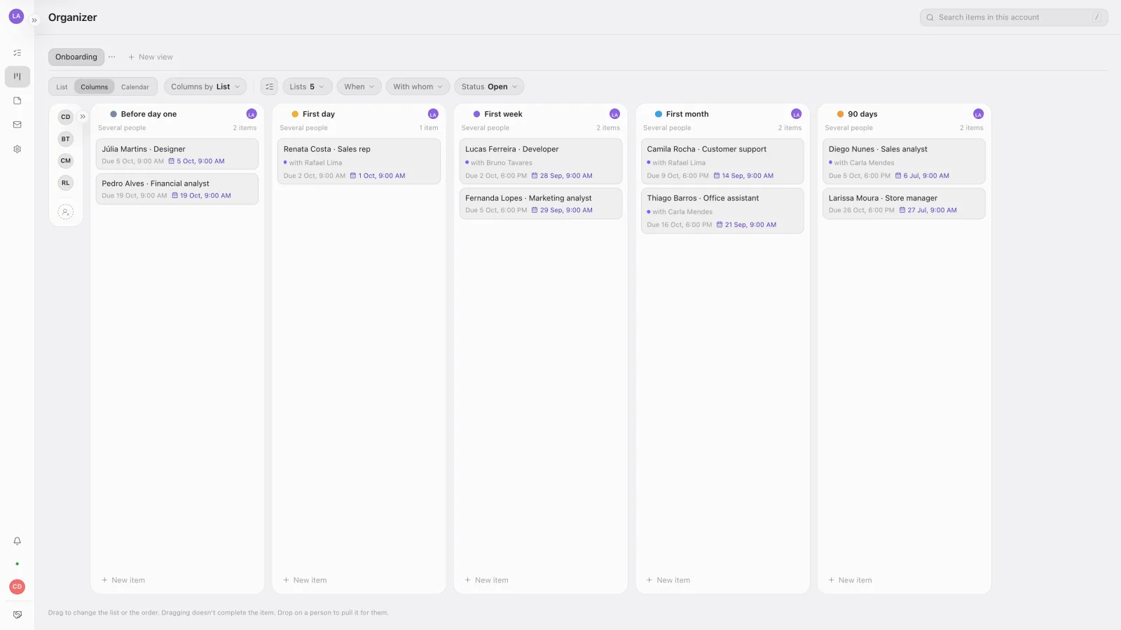 The Organizer with the five onboarding stages side by side, one new hire per card, with the due date, the Key date and who has each stage
