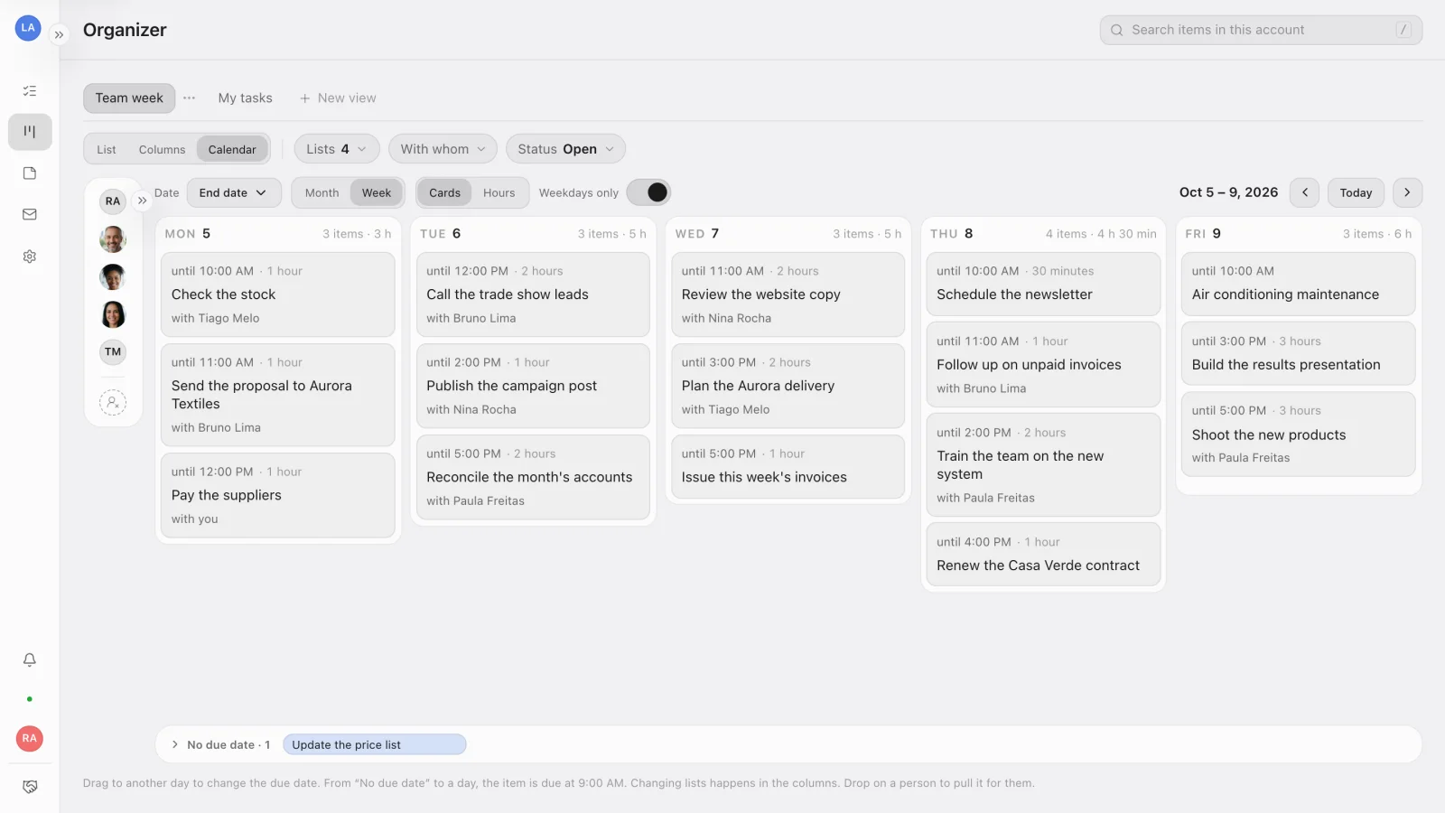 The Organizer Calendar for the week, with tasks spread from Monday to Friday