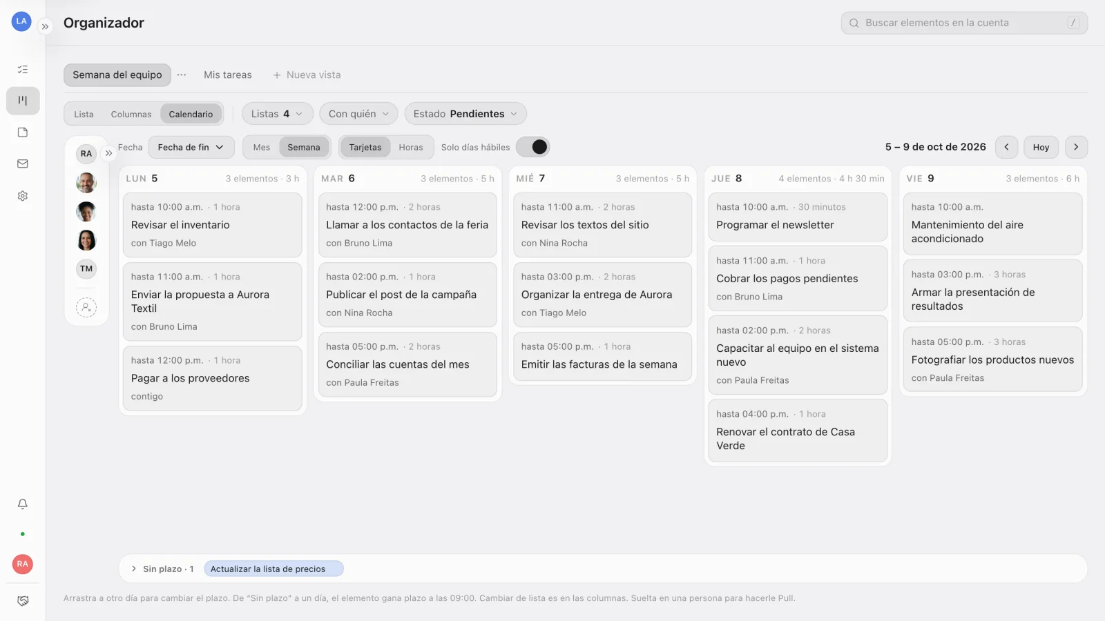 El Calendario del Organizador en la semana, con las tareas repartidas de lunes a viernes