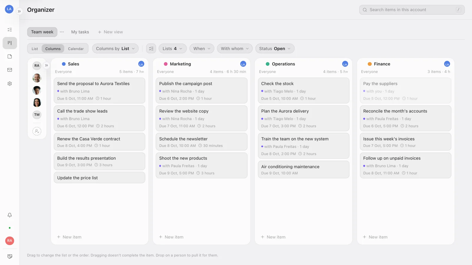 The Organizer in Columns, with the Sales, Marketing, Operations and Finance lists side by side