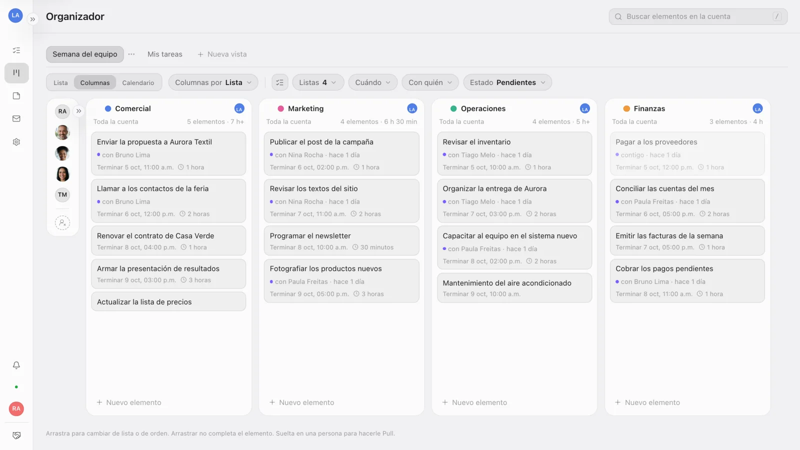 El Organizador en Columnas, con las listas Comercial, Marketing, Operaciones y Finanzas lado a lado