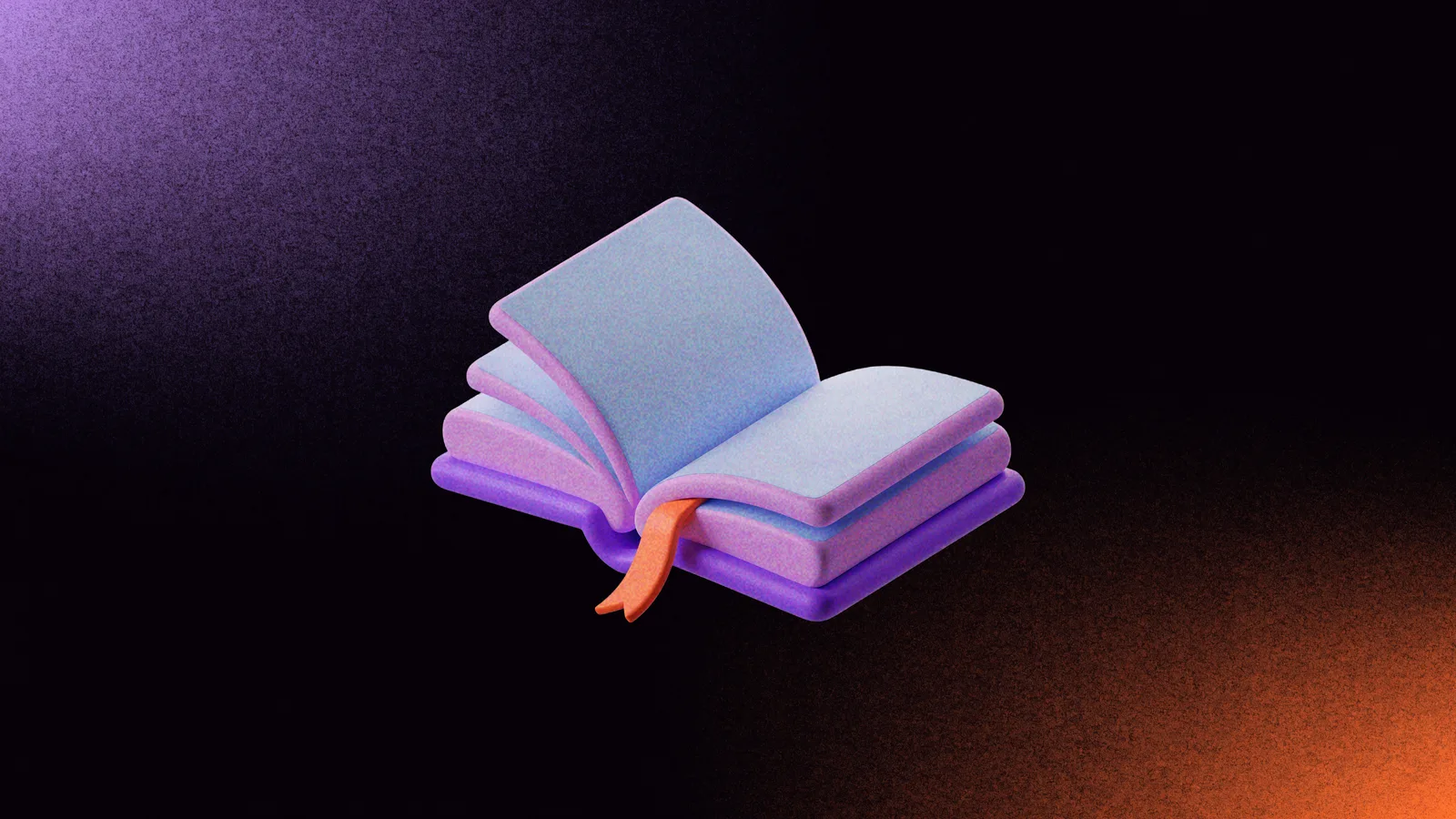 A clay open book with an orange ribbon bookmark, floating over a dark background with purple and orange glows