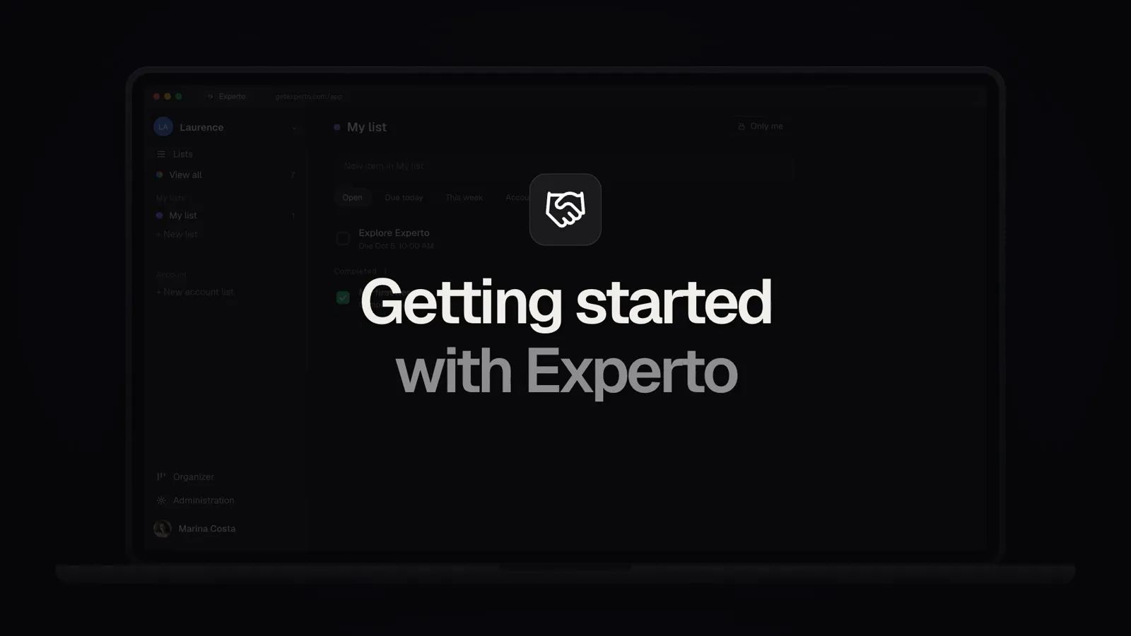 Opening of the Getting started with Experto video, with the logo over the app open on a Mac