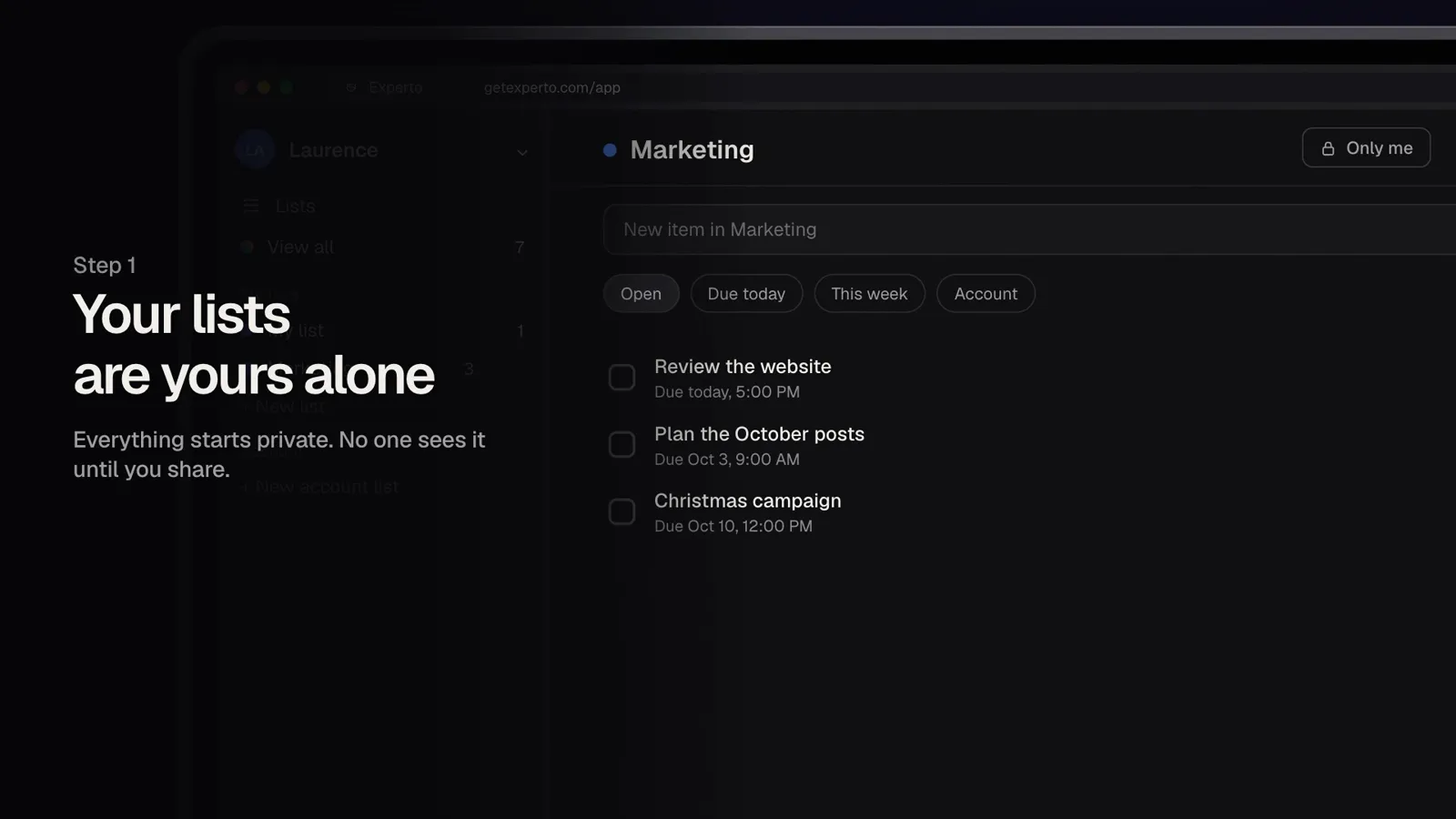 The Marketing list with three tasks and the Only me label at the top