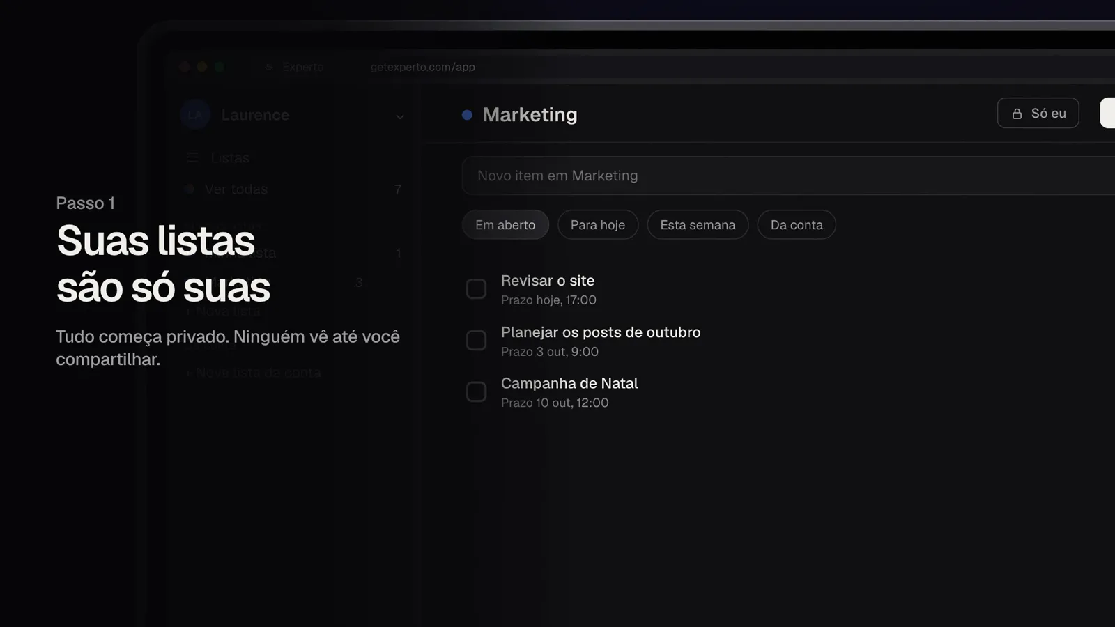 A lista Marketing com três tarefas e o selo Só eu no topo