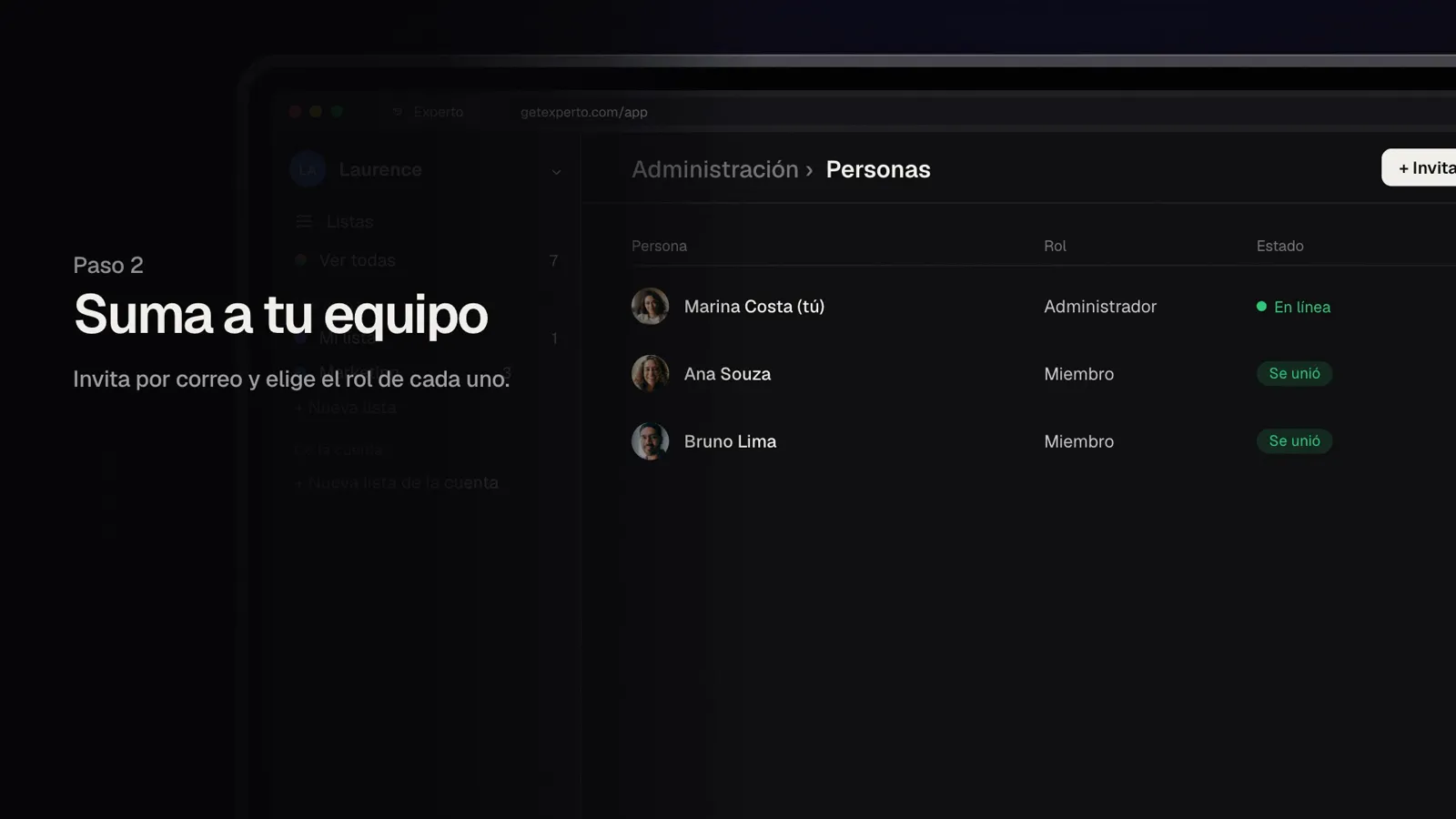 La pantalla Personas con Ana y Bruno ya dentro de la cuenta