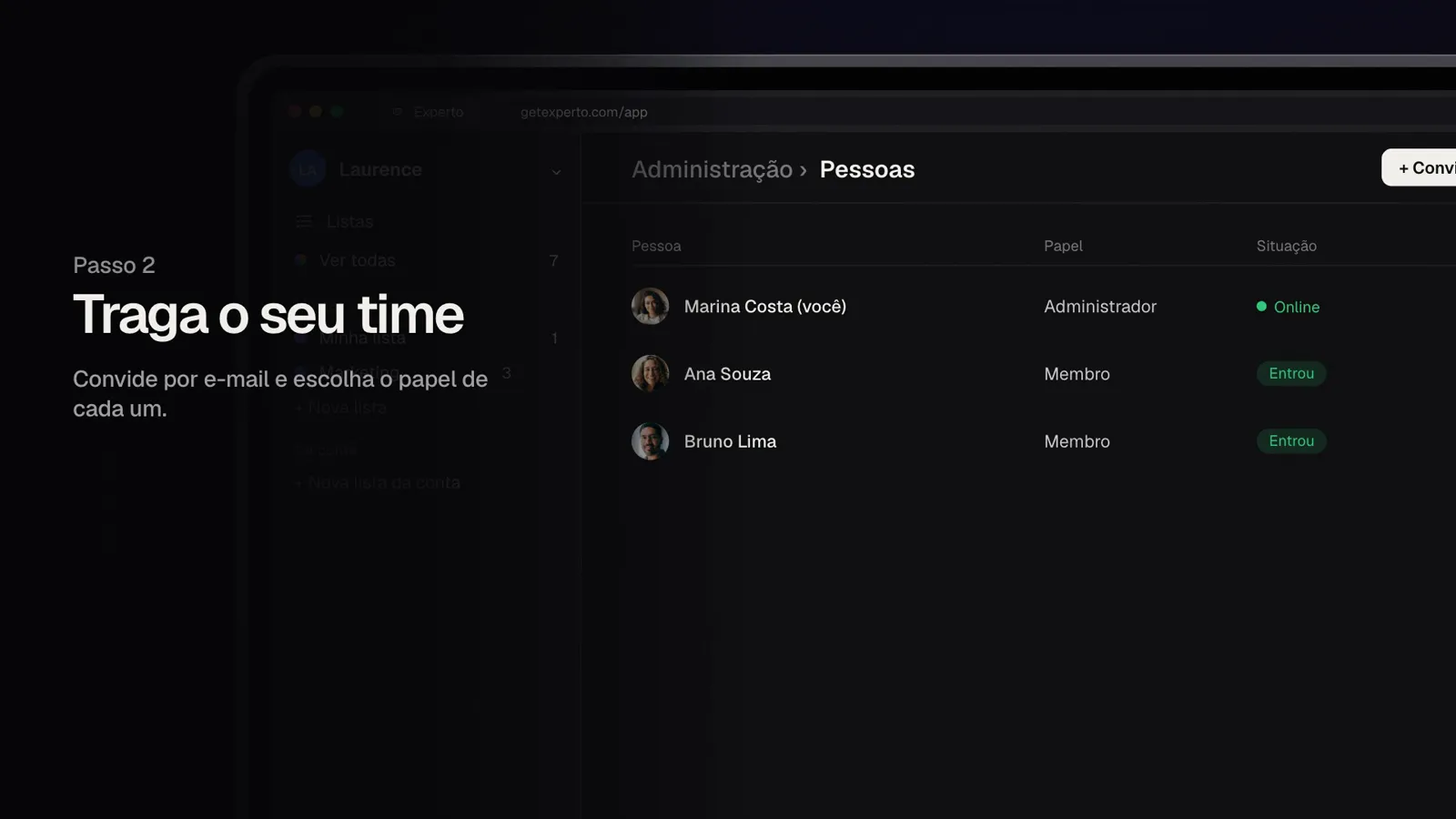 A tela Pessoas com Ana e Bruno já dentro da conta