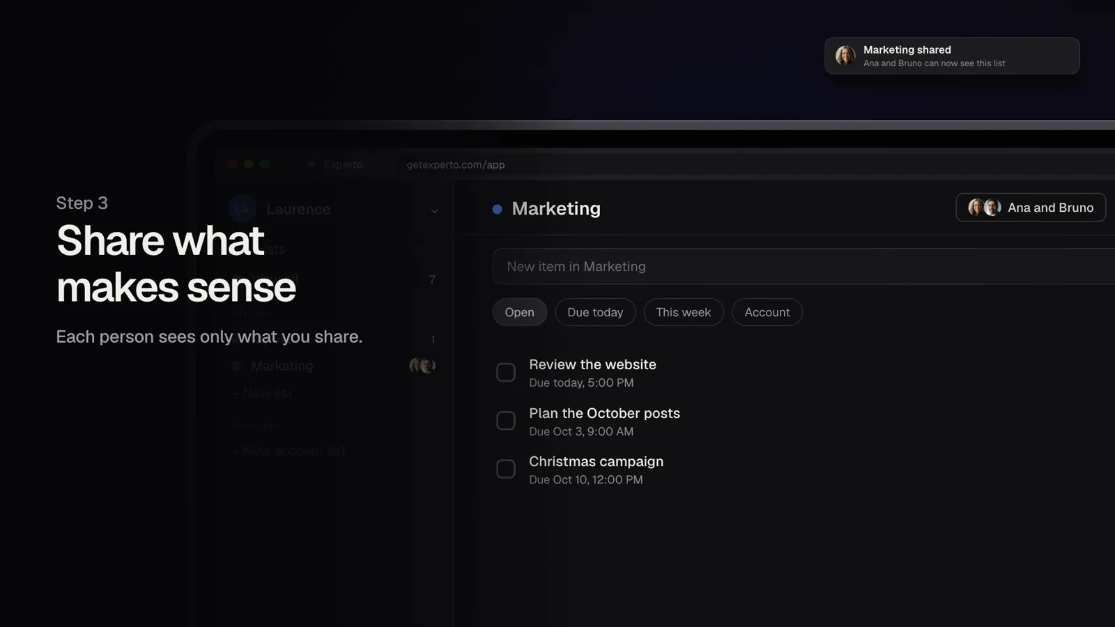 The Marketing list shared with Ana and Bruno