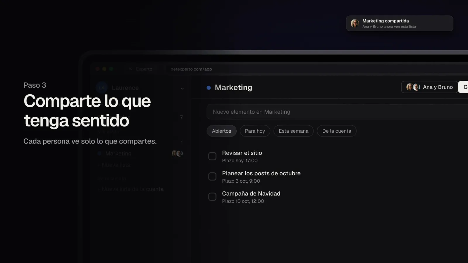 La lista Marketing compartida con Ana y Bruno