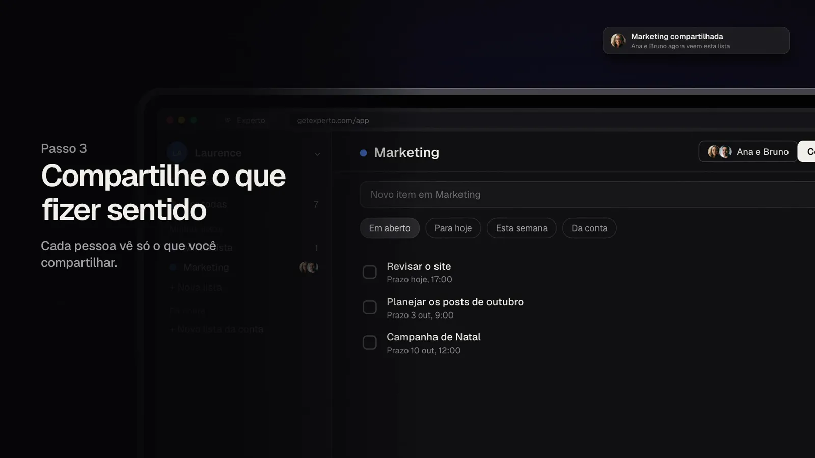 A lista Marketing compartilhada com Ana e Bruno