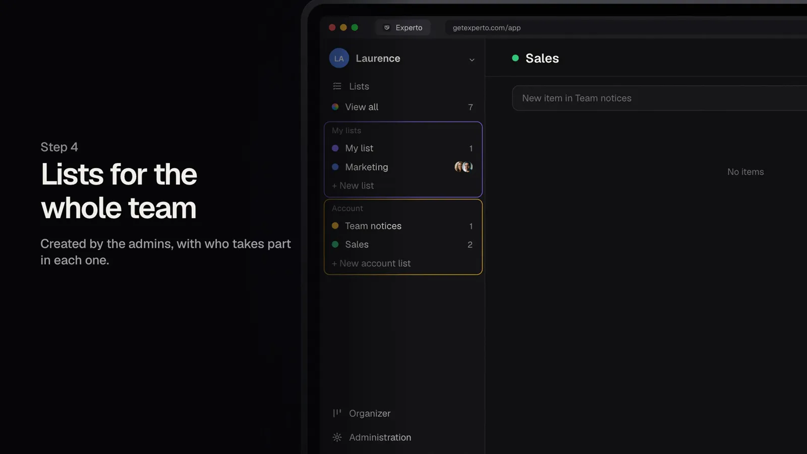 The sidebar with My lists and the Account lists