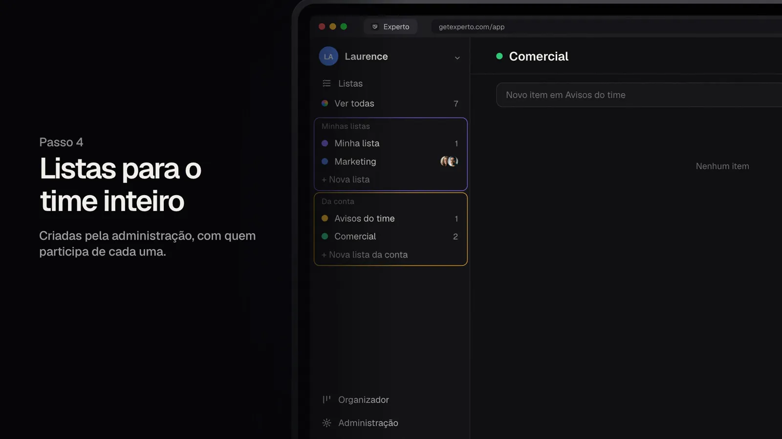 O menu lateral com Minhas listas e as listas Da conta