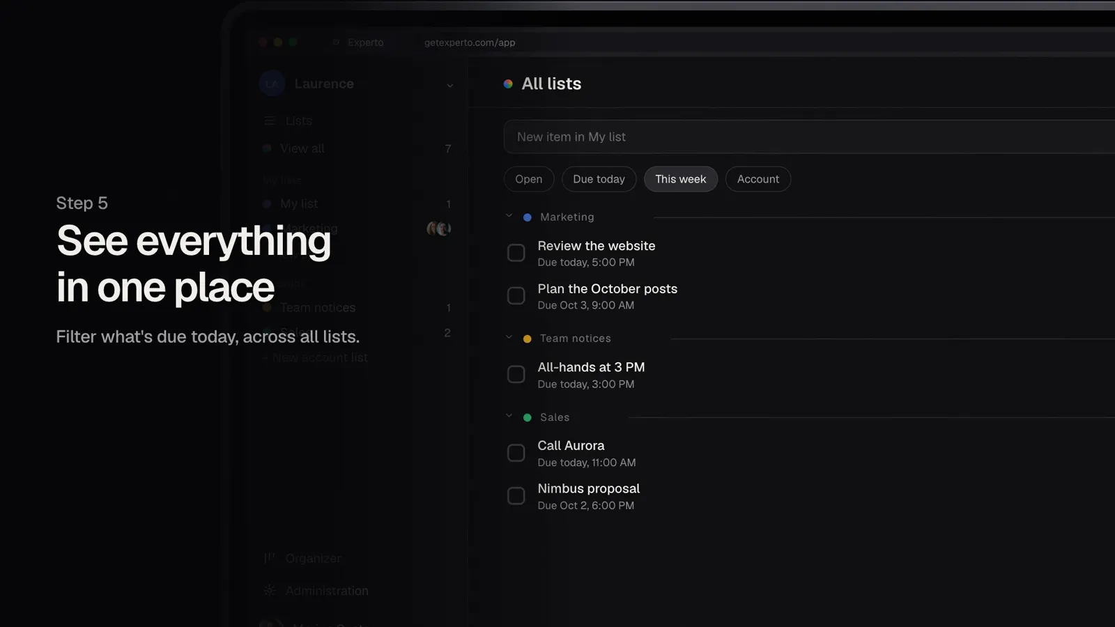 All lists on one screen, with the This week filter on