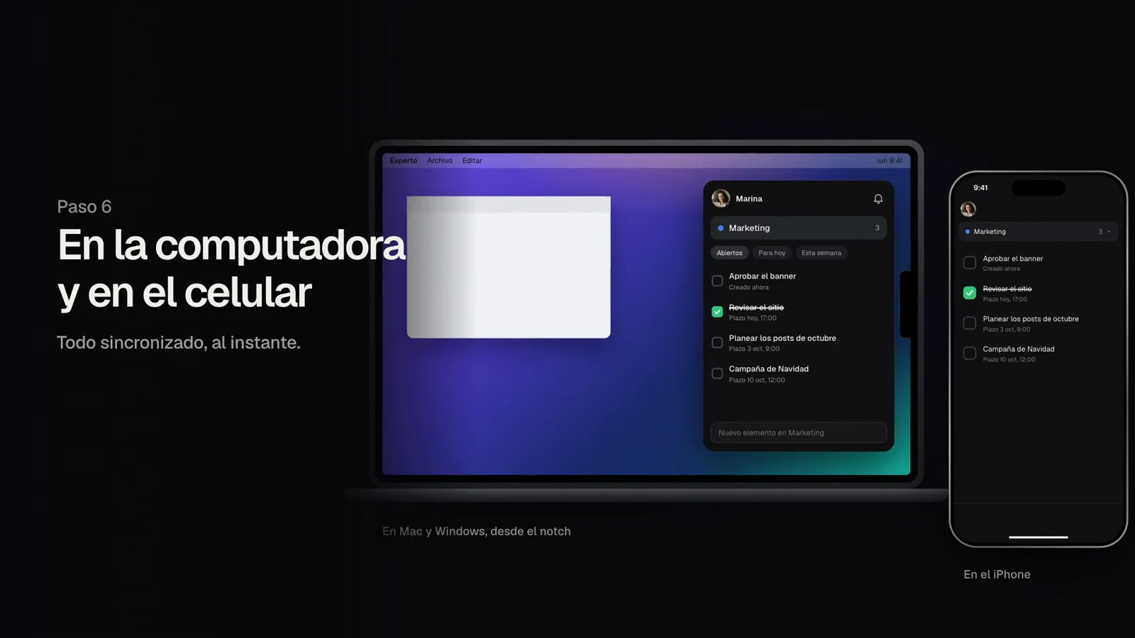 El panel abierto en una Mac y las mismas listas en un iPhone