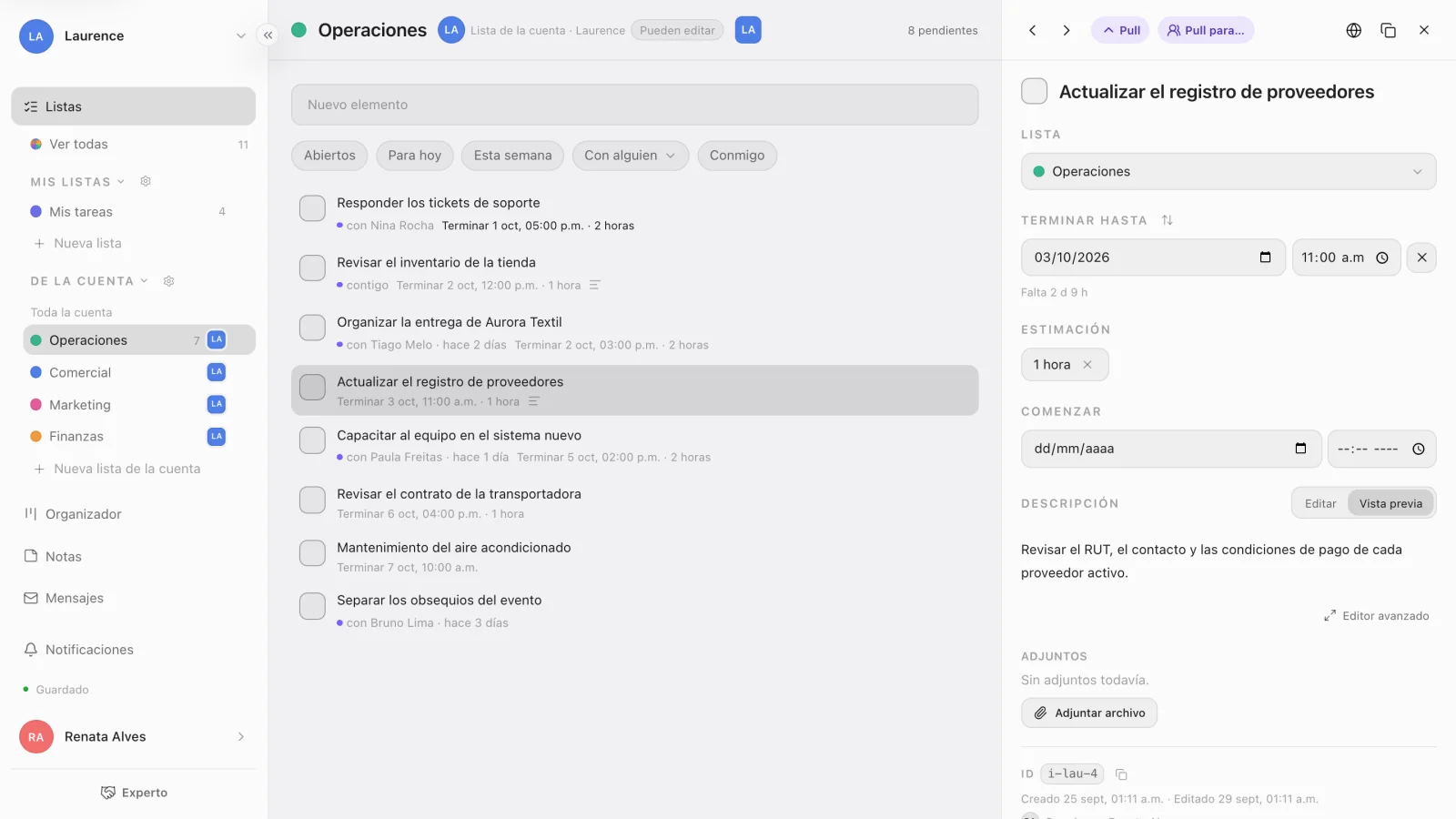El detalle de una tarea libre, con el botón Pull arriba