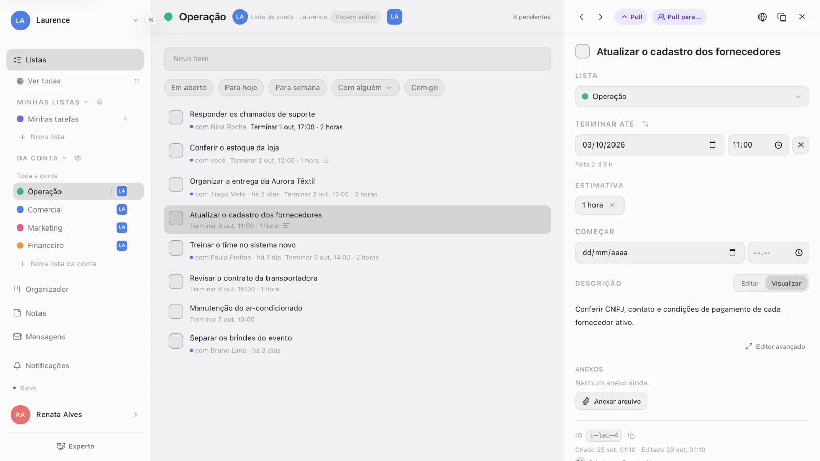 O detalhe de uma tarefa livre, com o botão Pull no alto