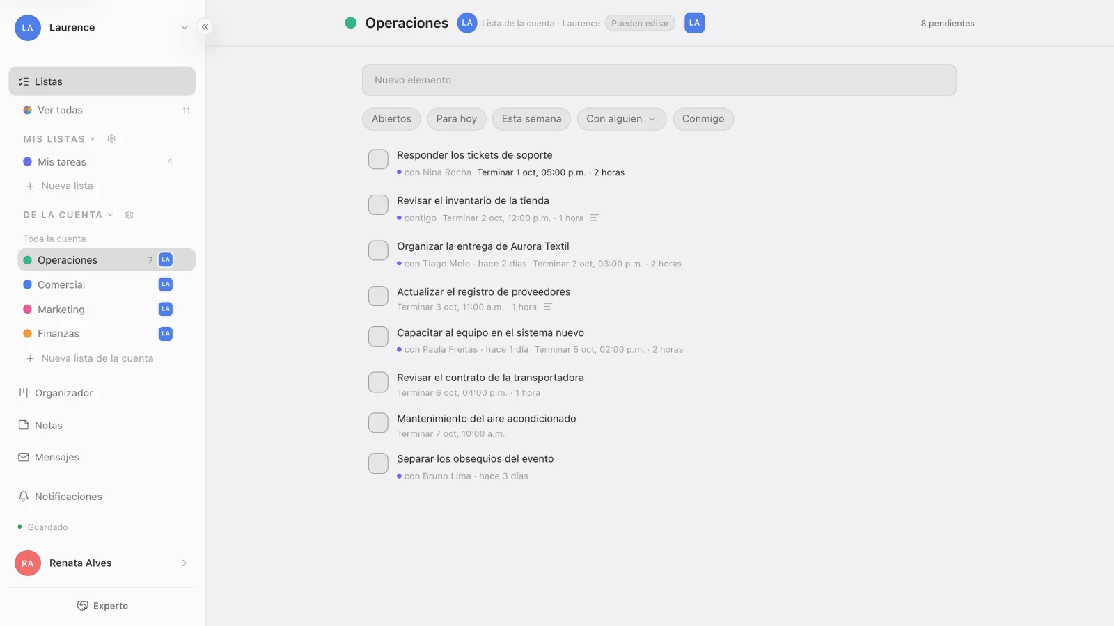 Una lista del equipo en Experto, con las tareas que tiene cada persona y las que están libres