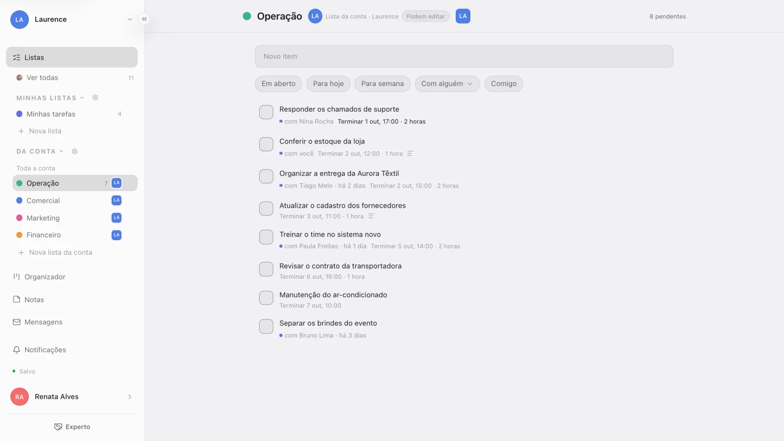 Uma lista do time no Experto, com as tarefas que estão com cada pessoa e as que estão livres