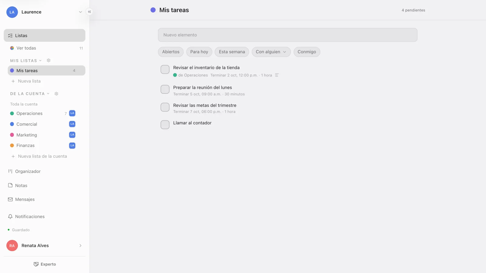 La lista personal con la tarea tomada arriba, marcada con la lista de origen