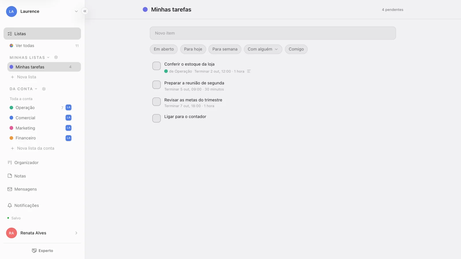 A lista pessoal com a tarefa puxada no topo, marcada com a lista de origem