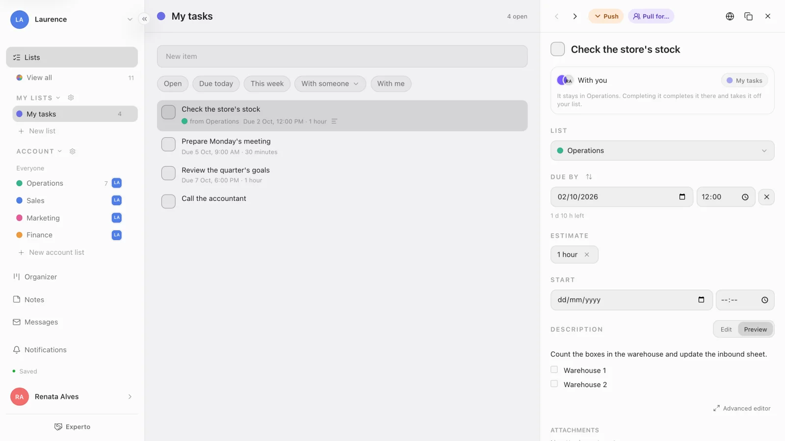 The details of a task that's with you, with the Push button at the top
