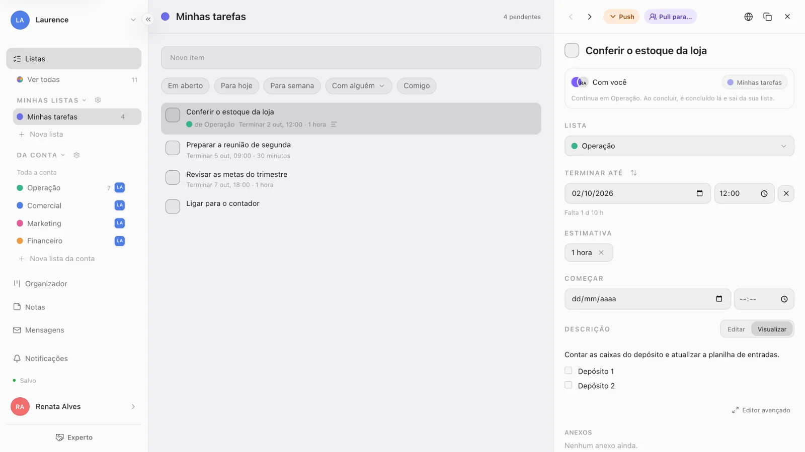 O detalhe de uma tarefa que está com você, com o botão Push no alto