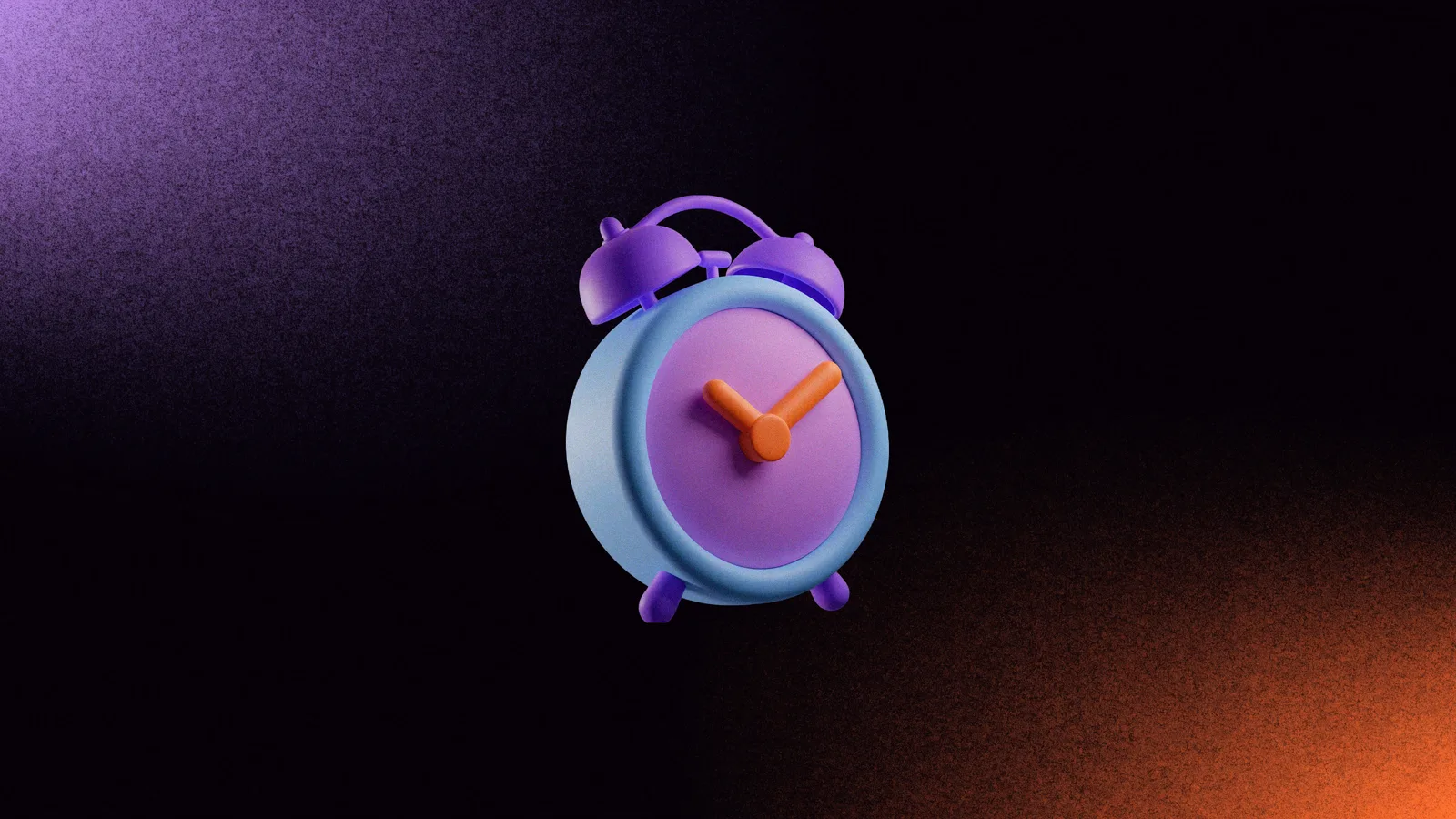 A clay twin-bell alarm clock with orange hands, over a dark background with purple and orange glows