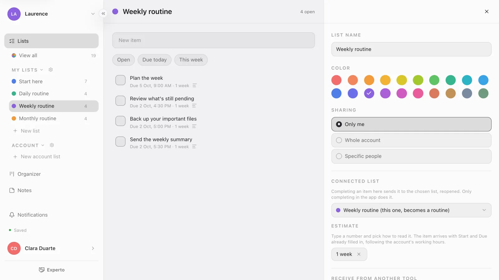The Weekly routine list with four items, each with a due date and a 1-week estimate, and the Edit list panel open on Connected list: Weekly routine (this one, becomes a routine)