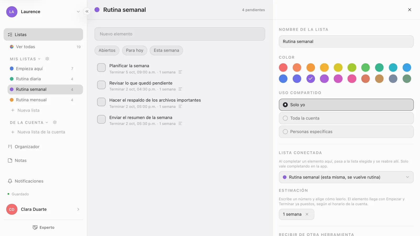 La lista Rutina semanal con cuatro elementos, cada uno con plazo y la estimación de 1 semana, y el panel Editar lista abierto en Lista conectada: Rutina semanal (esta misma, se vuelve rutina)