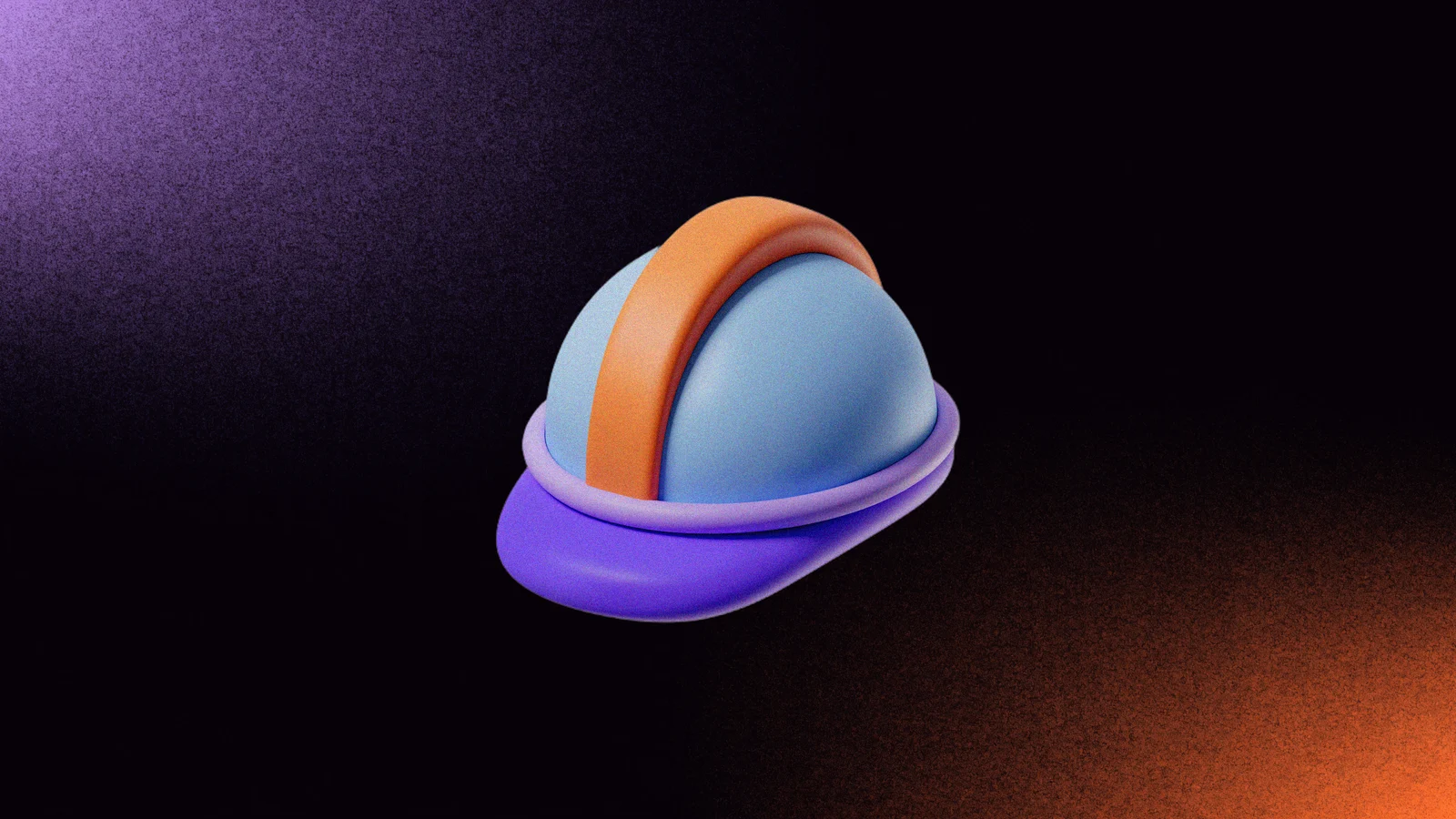 A pale blue clay hard hat with an orange ridge, floating over a dark background with purple and orange glows